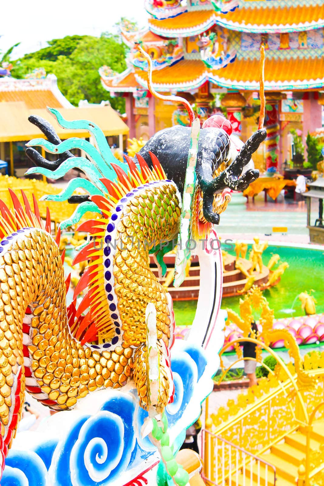 View of temple with back of dragon as foreground