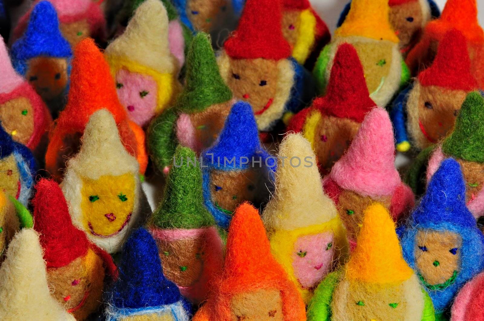 soft toys - many colored gnomes, close-up