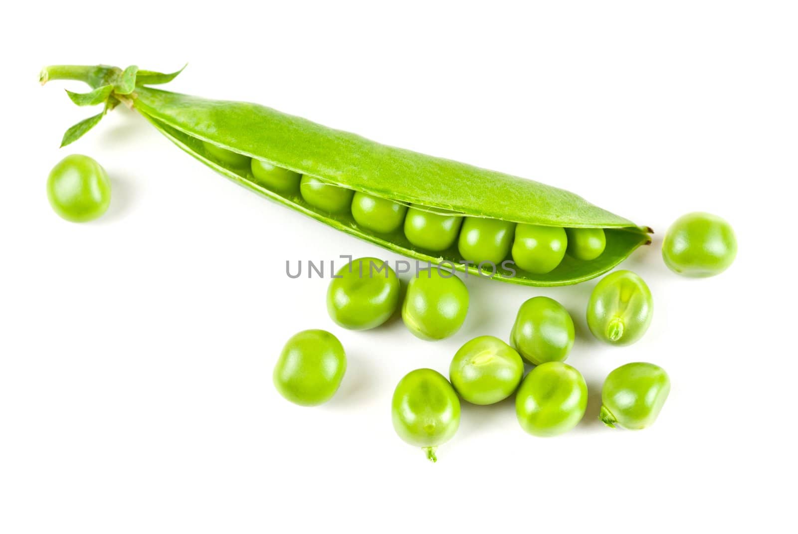 Ripe pea vegetable with green leaf isolated on white background