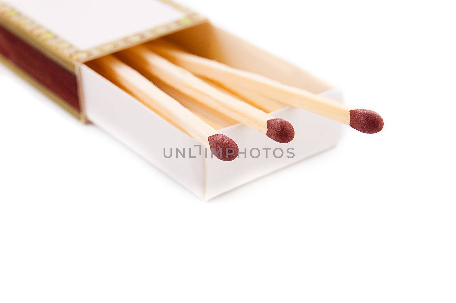 Opened matchbox with long matches isolated on white