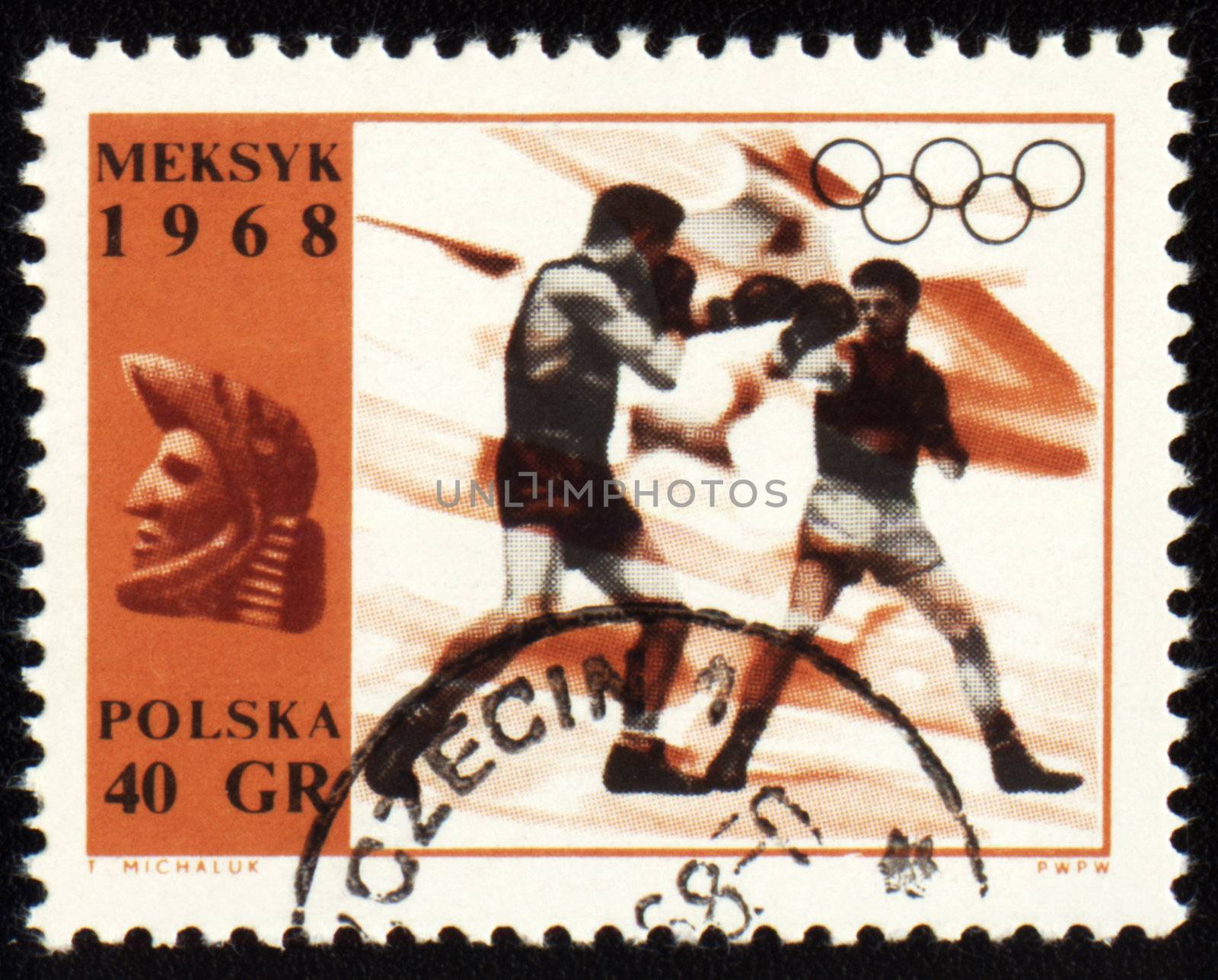 POLAND - CIRCA 1968: A post stamp printed in Poland shows boxing, devoted to Olympic games in Mexico, series, circa 1968