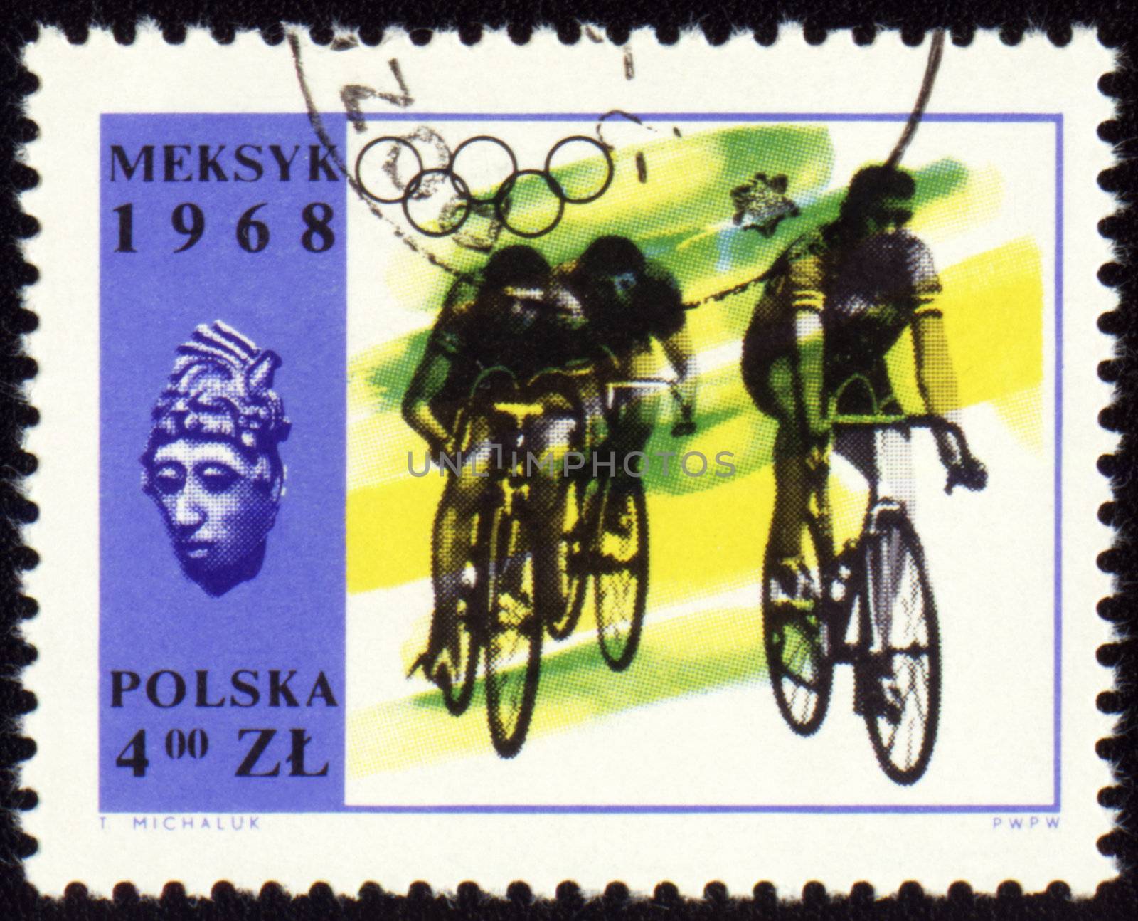 POLAND - CIRCA 1968: A post stamp printed in Poland shows group of cyclists, devoted to Olympic games in Mexico, series, 

circa 1968