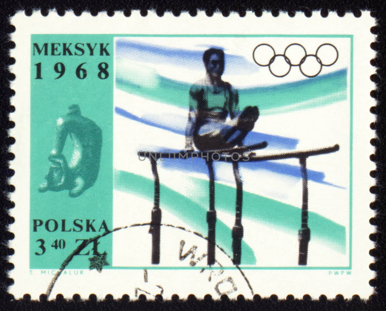 POLAND - CIRCA 1968: A post stamp printed in Poland shows gymnastics, devoted to Olympic games in Mexico, series, circa 1968