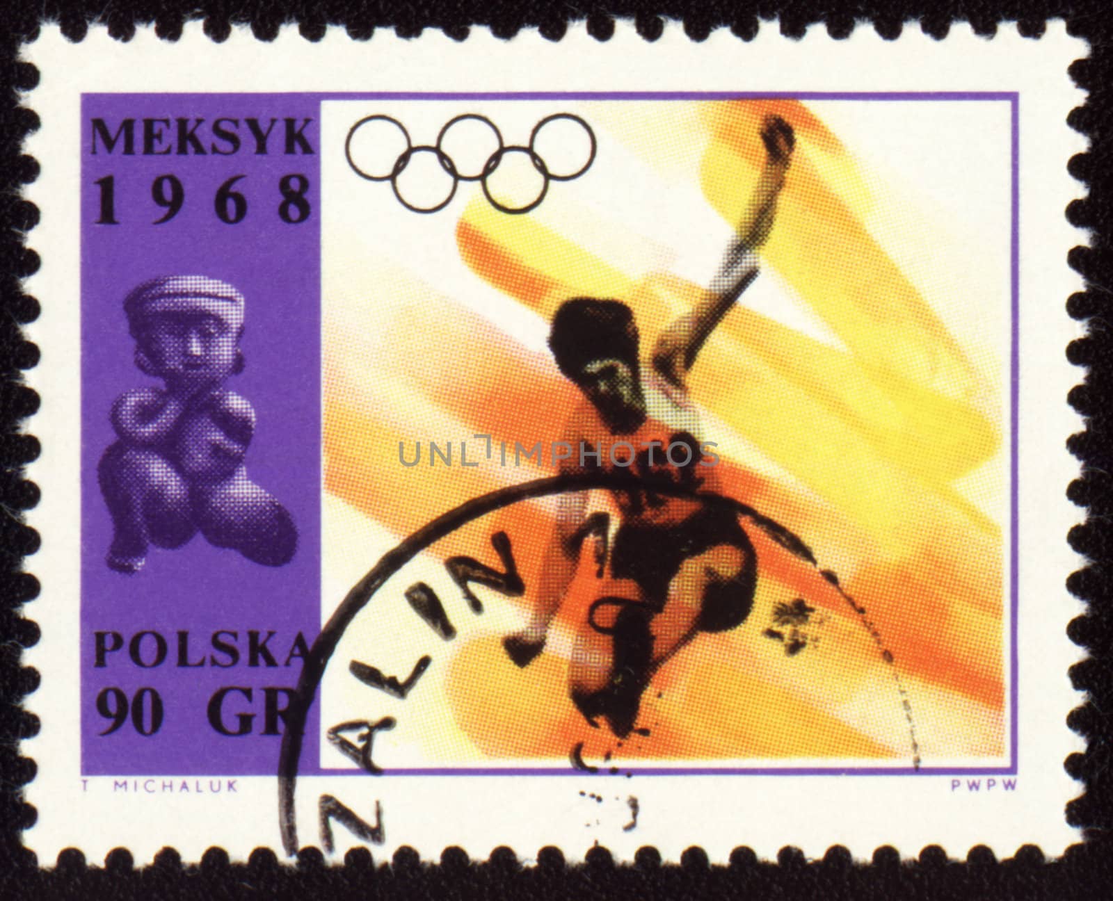 POLAND - CIRCA 1968: A post stamp printed in Poland shows broad jump, devoted to Olympic games in Mexico, series, circa 1968