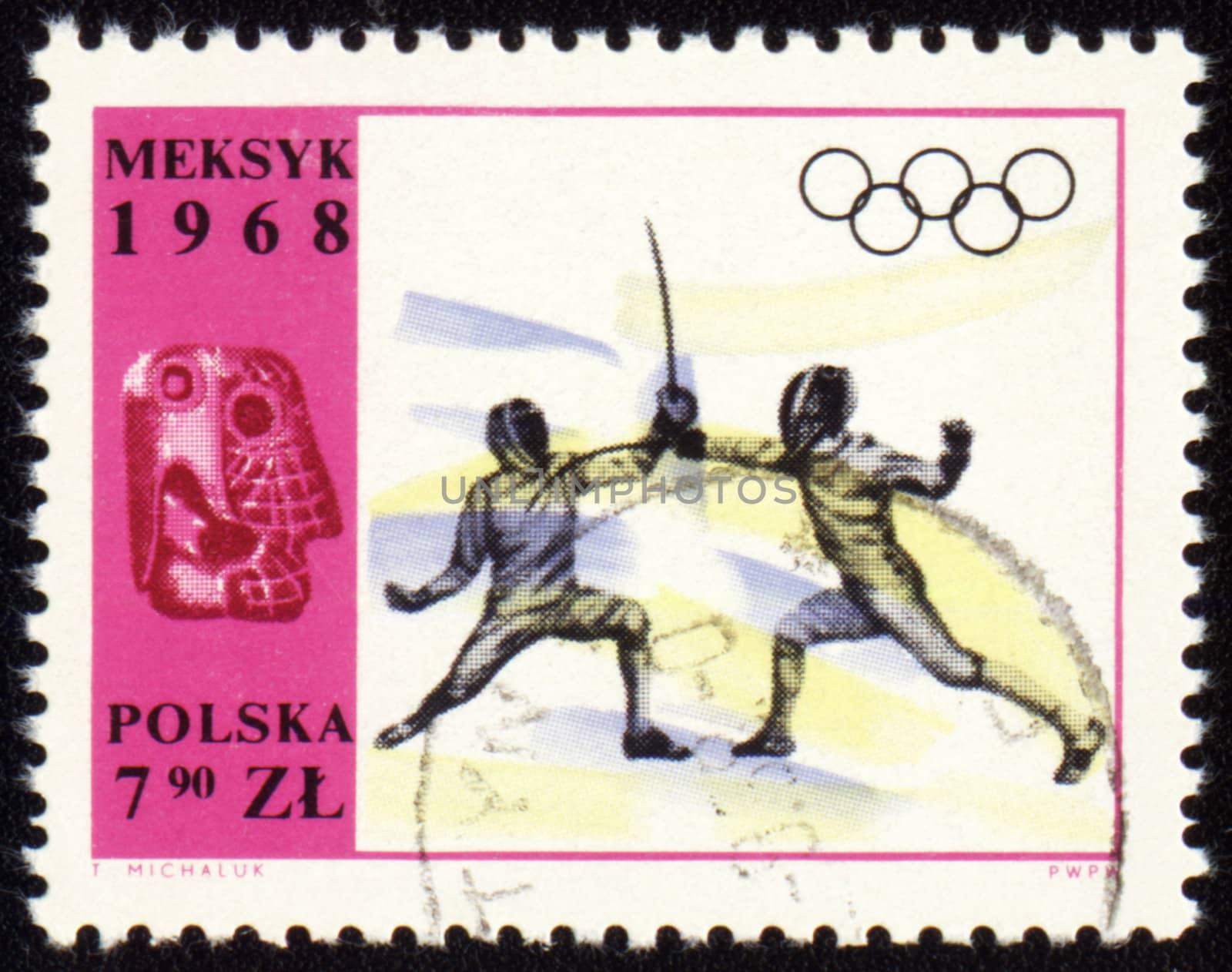 POLAND - CIRCA 1968: A post stamp printed in Poland shows fencing, devoted to Olympic games in Mexico, series, circa 1968