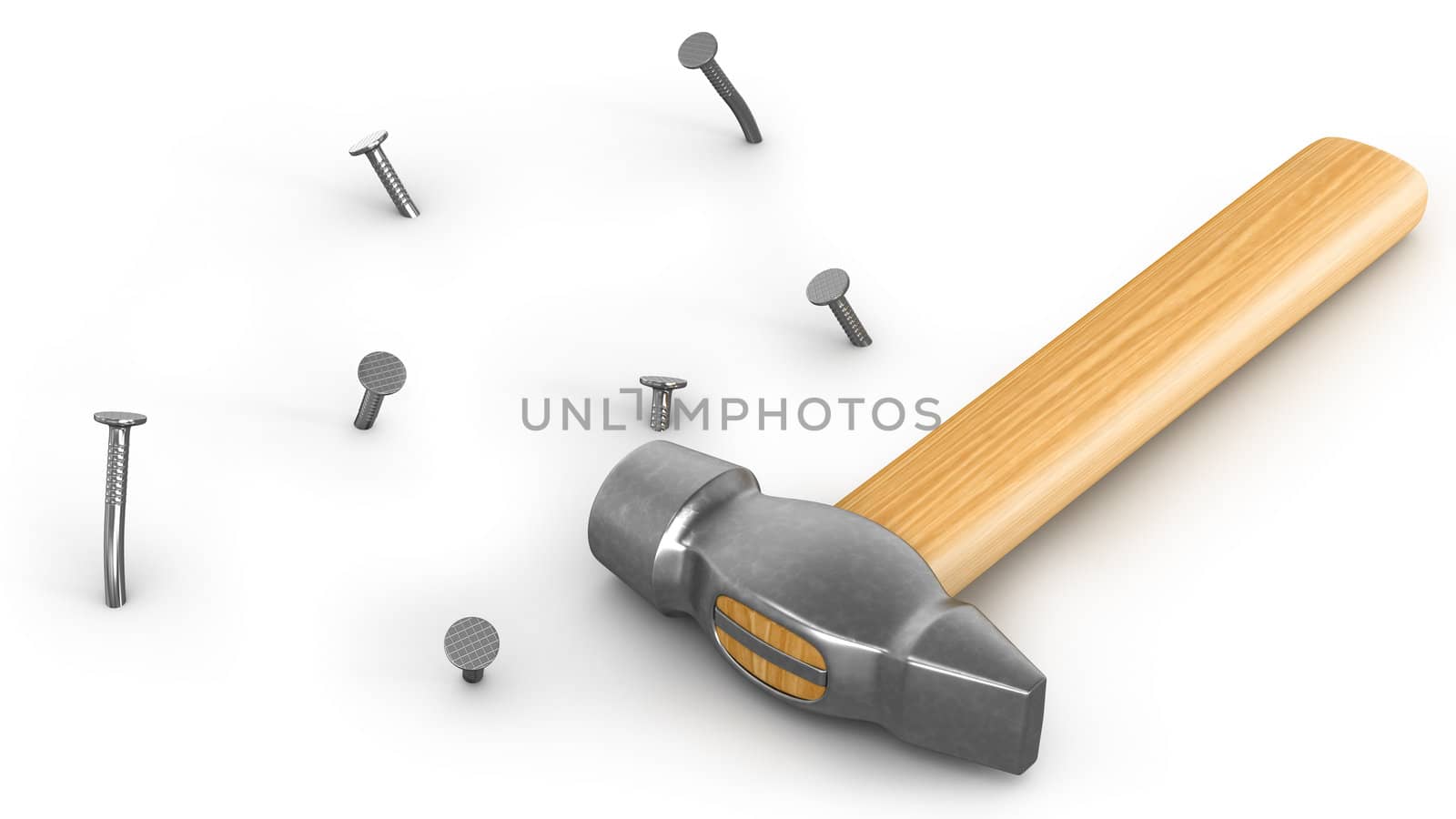Hammer with few hammered and bended nails isolated on white background