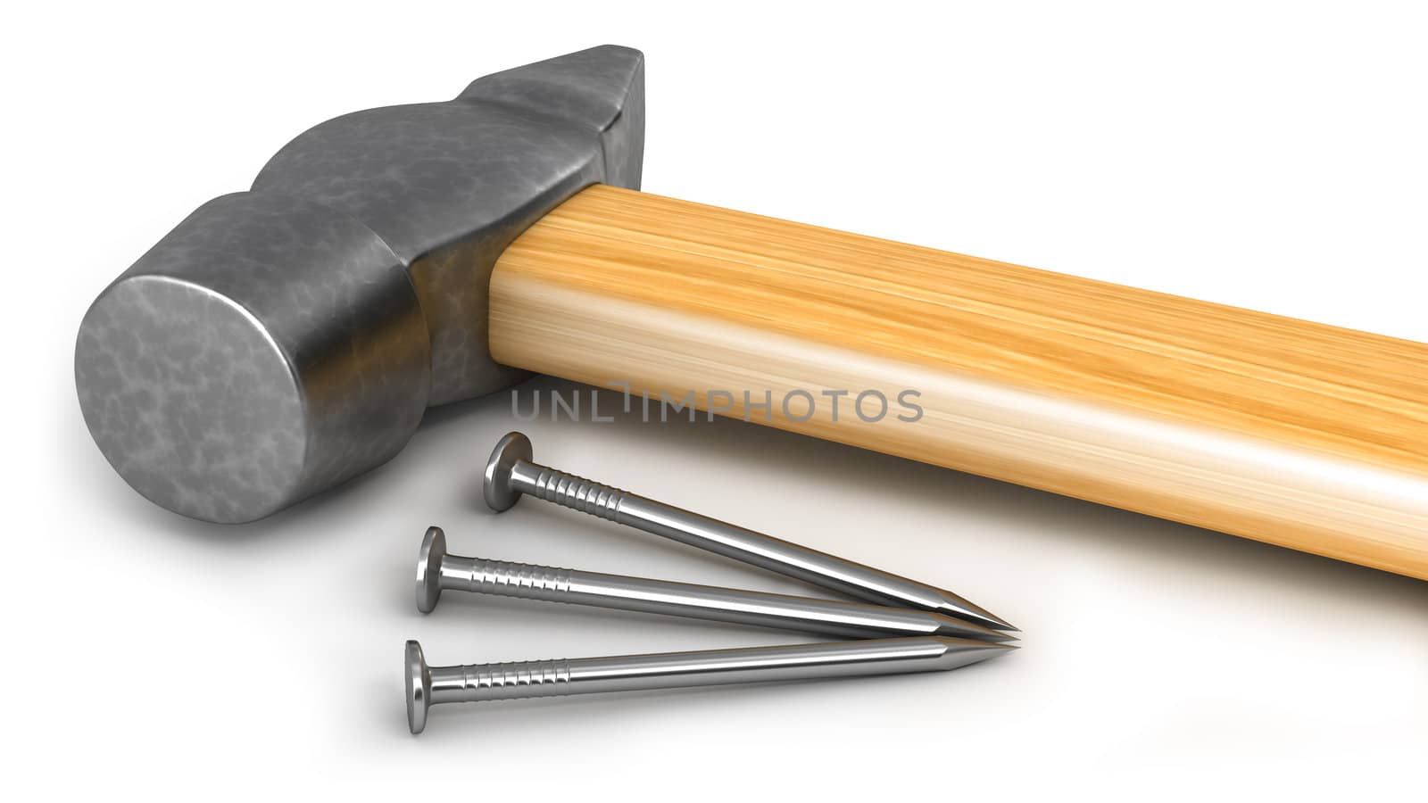 Hammer with few nails isolated on white background