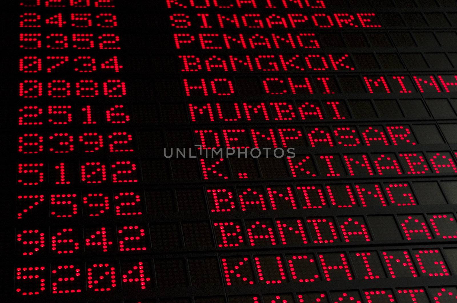 flight schedule in airport, air destination such as Singapore, Bangkok, Ho Chi Mnh city, Mumbai and others can be seen.