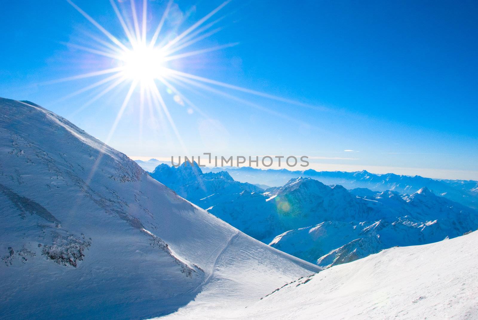 Nature background. Beautiful Sunrise in winter mountains