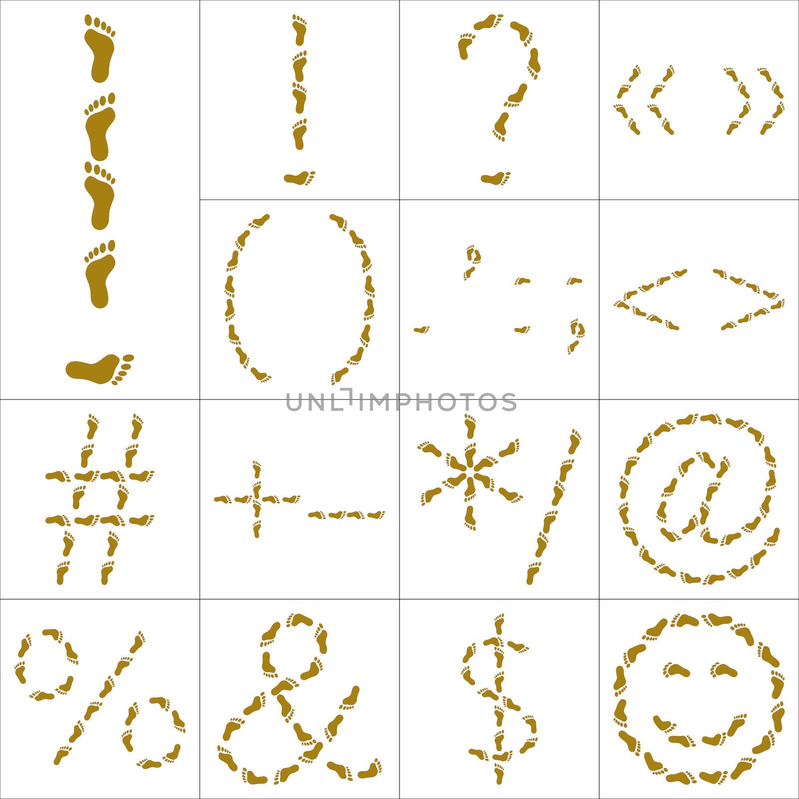 Set of signs and symbols from human footprints on sand
