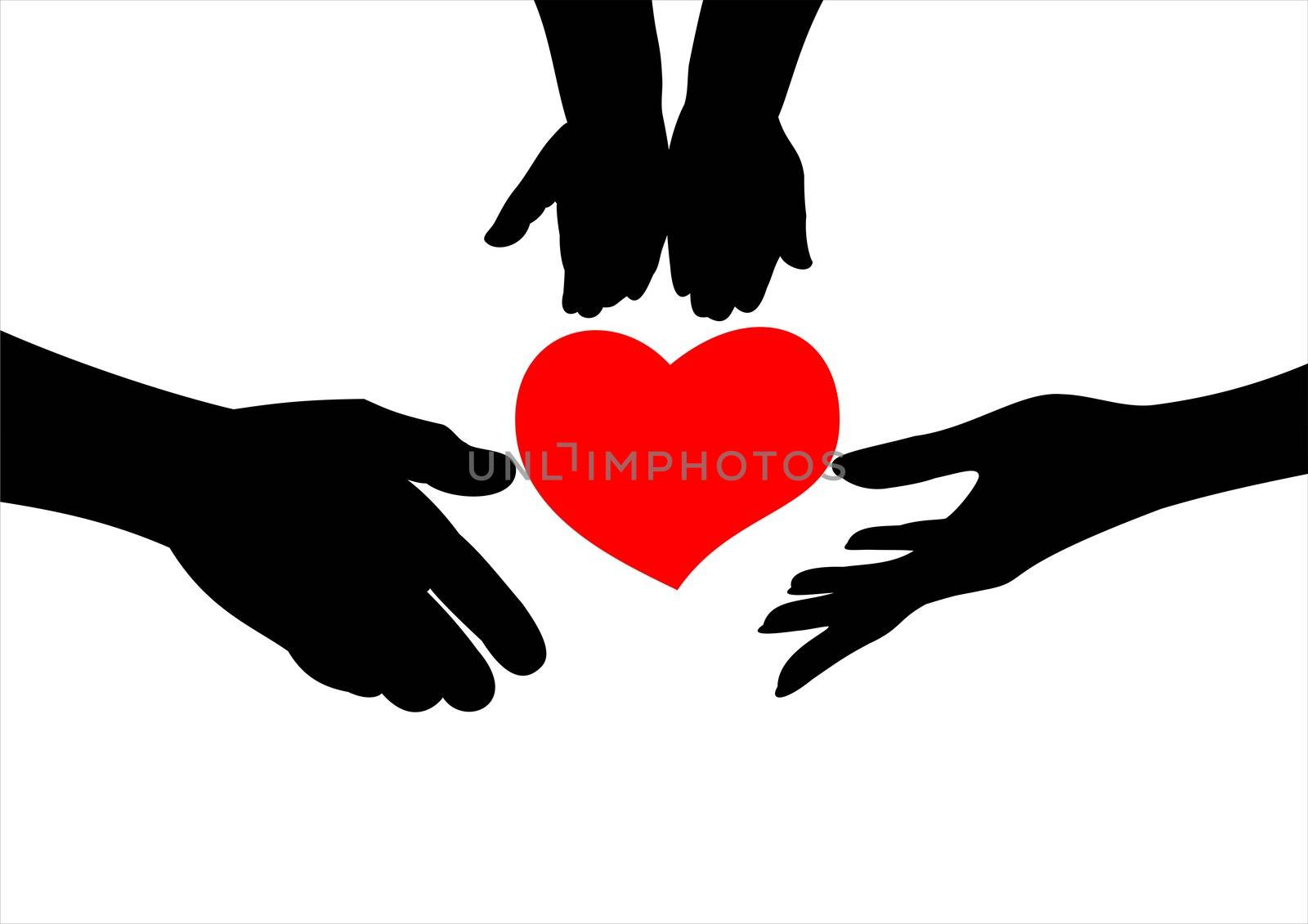 Silhouette of hands child, men and women who keep the red heart, family, love