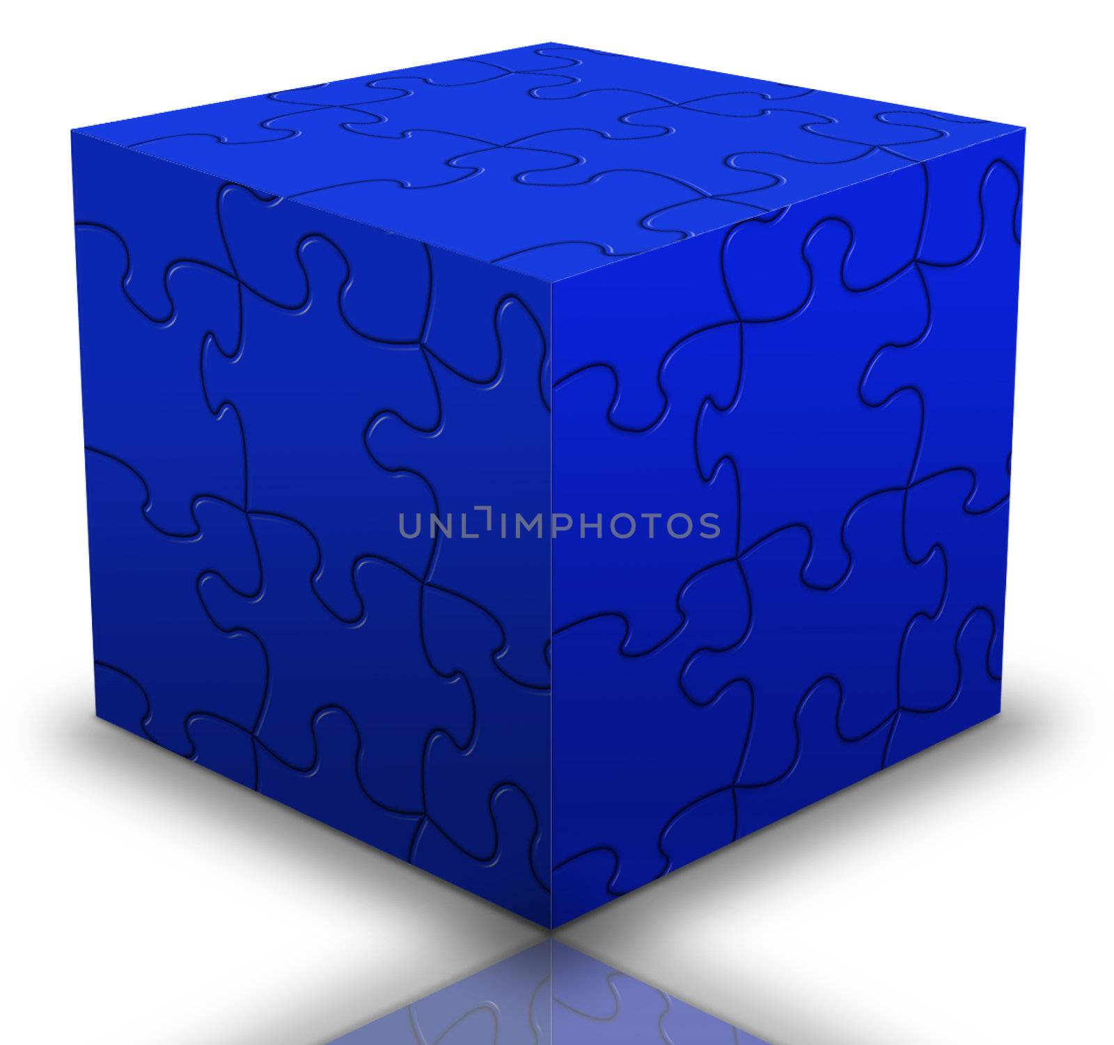 A cube in blue with puzzle pieces assembly