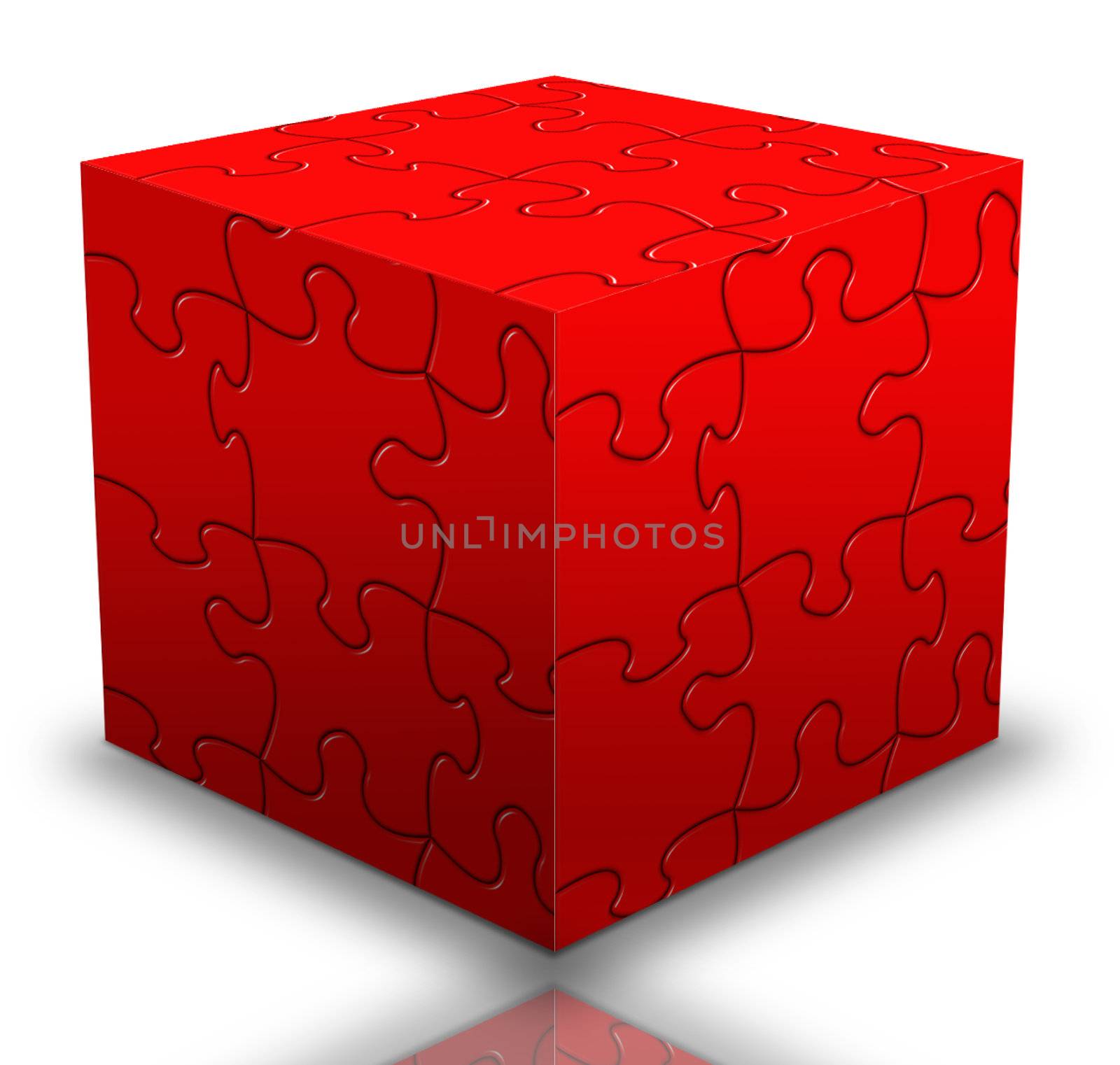 puzzle piece assembly in the shape of a red cube box