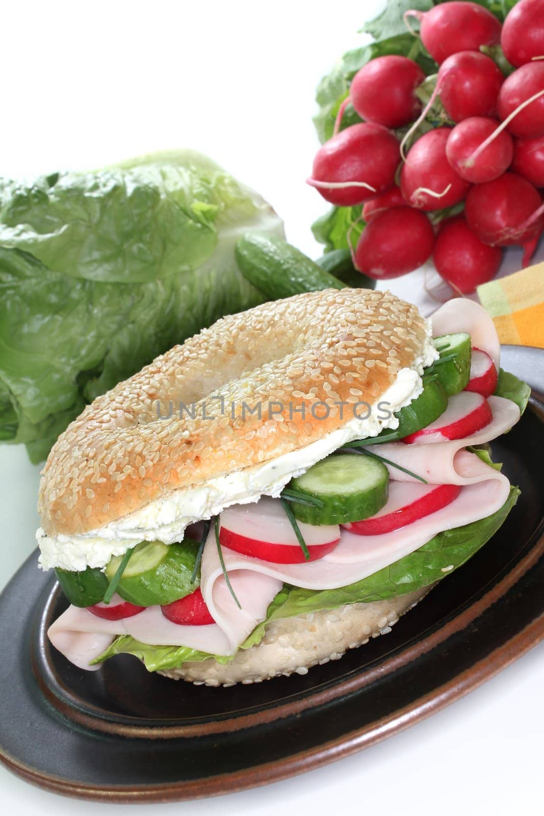 Bagel topped with a breast of turkey, radishes and cucumber

