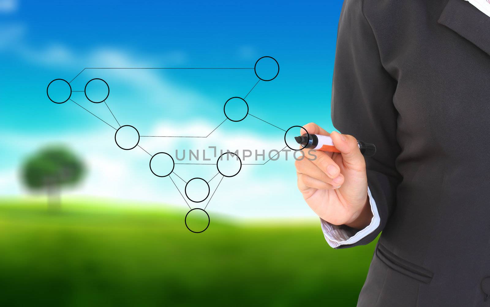 Businesswoman drawing diagram on a natural background. by rufous