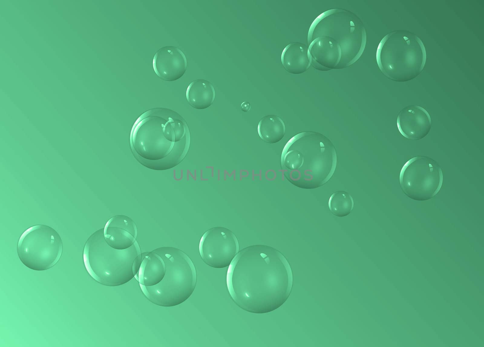 Illustration depicting a selection of clear bubbles against green background.