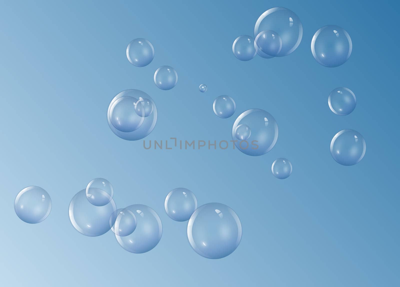 Illustration depicting a selection of clear bubbles floating against a blue sky.