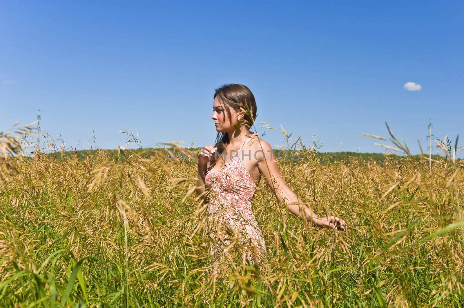 Beautiful young woman in a field of rye. Touch the ears harvest by hand. Rural landscape.