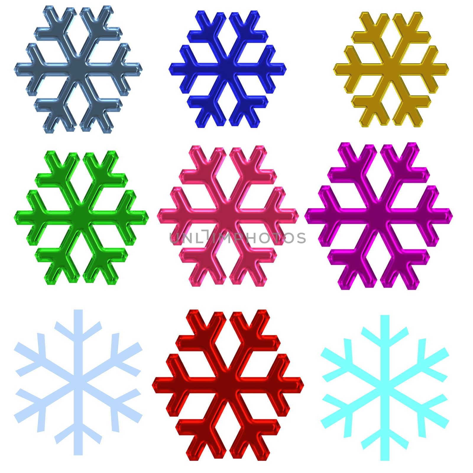 a set of metalic snow flakes in various colors