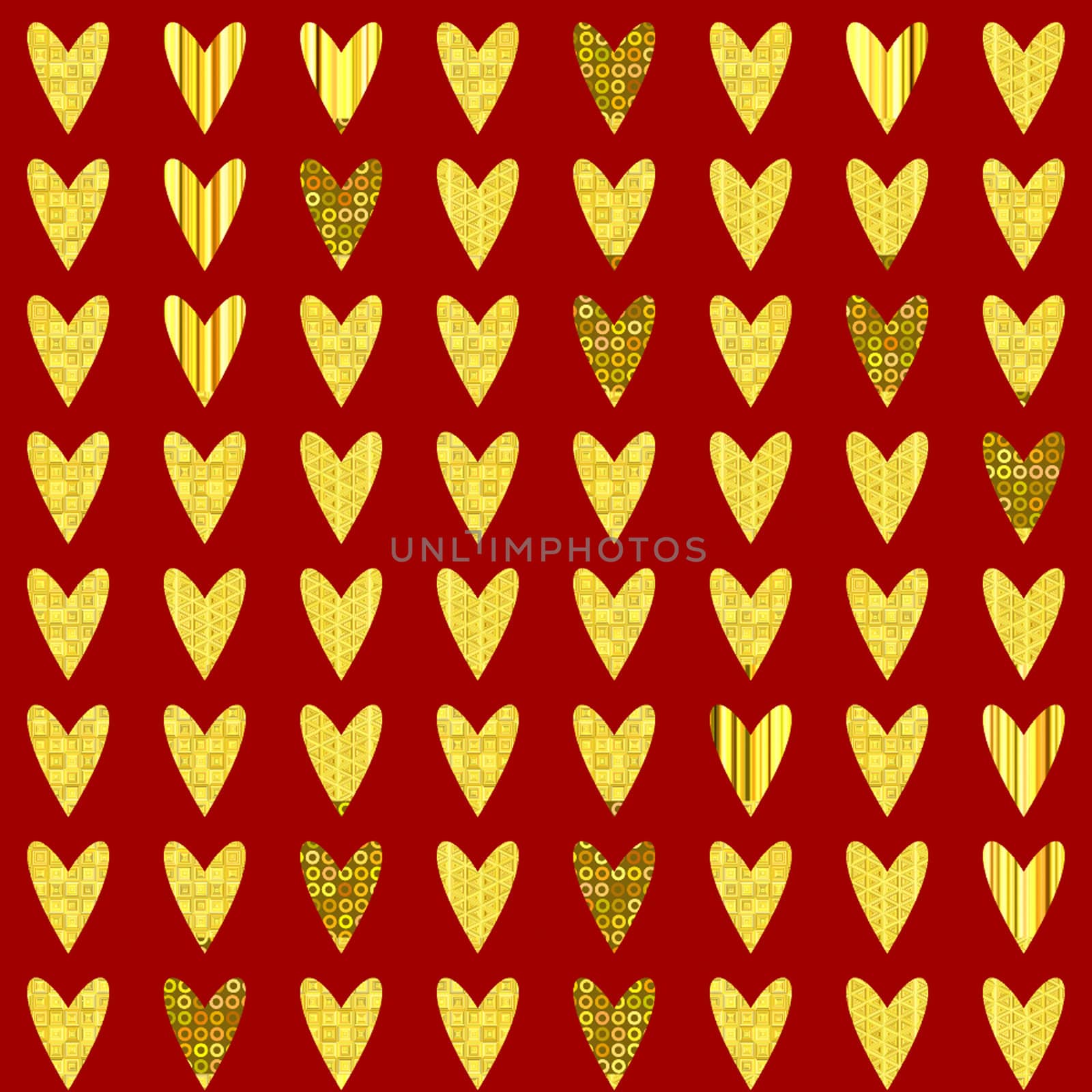 gloden hearts pattern on a red background