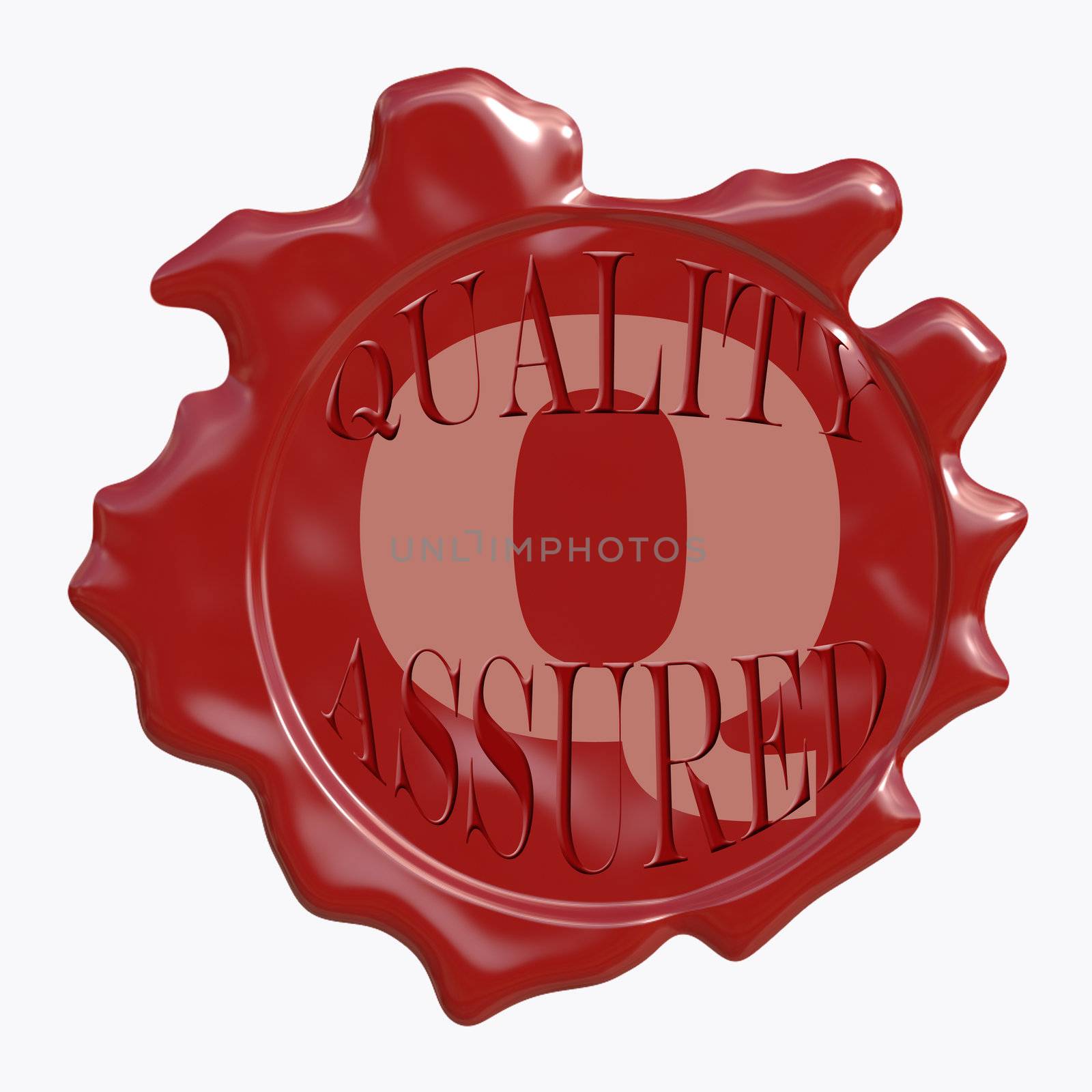 quality assured wax seal in maroon red on a white background