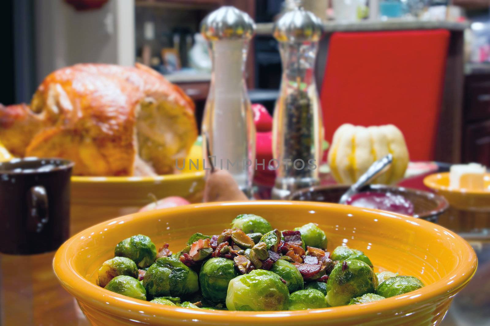 Brussels Sprouts with Bacon and Pistachios Turkey Dinner Table Setting