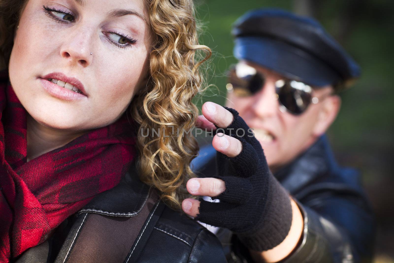 Pretty Young Teen Girl with Mysterious Strange Man Reaching to Grab Her.