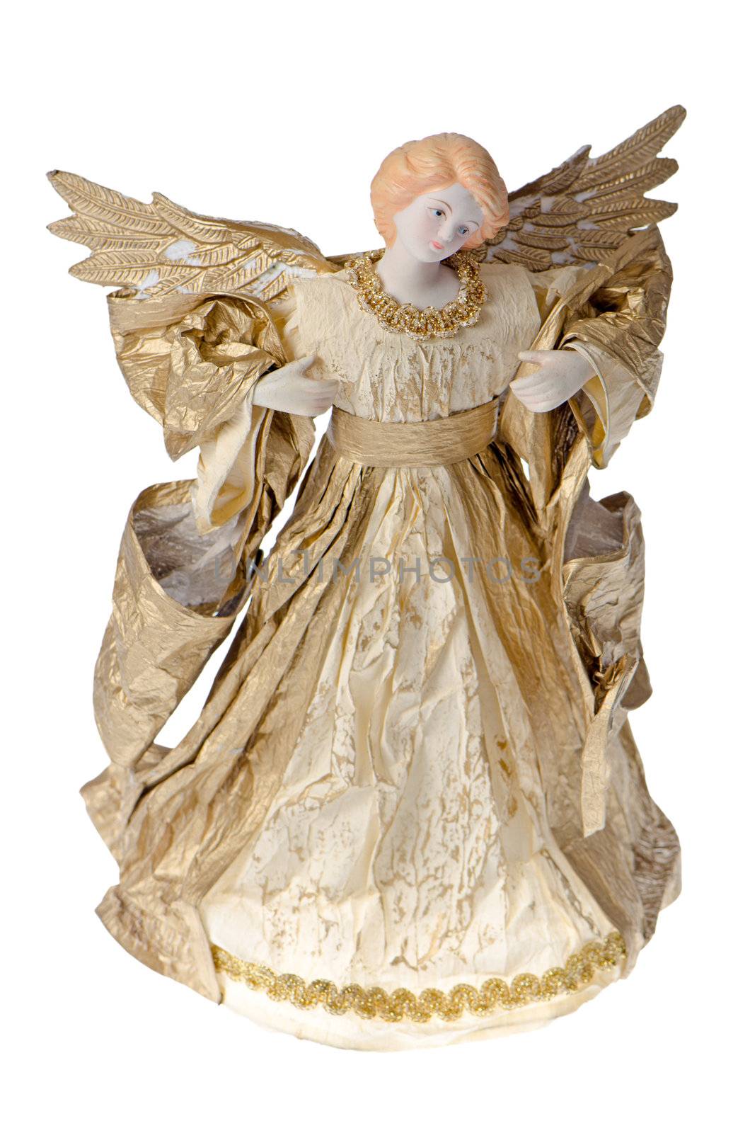 Angel paper statue of an gold angel isolated on white background.