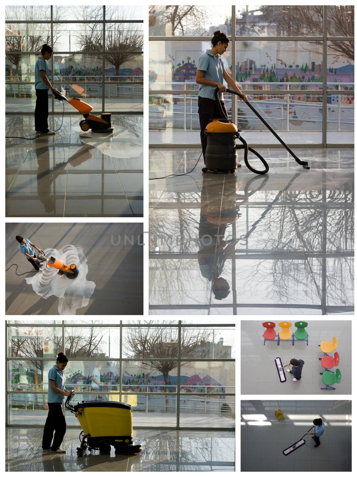 A worker is cleaning the floor with equipment by senkaya