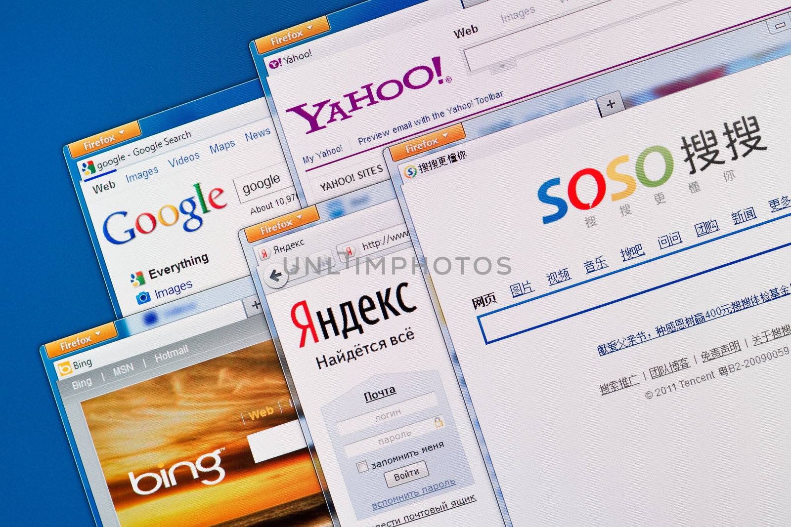 Kiev, Ukraine - June 13, 2011 - Search engine web sites on a computer screen, including Google, Yahoo, Bing, Yandex and Soso. These search engine web sites the most visited and popular in the world.