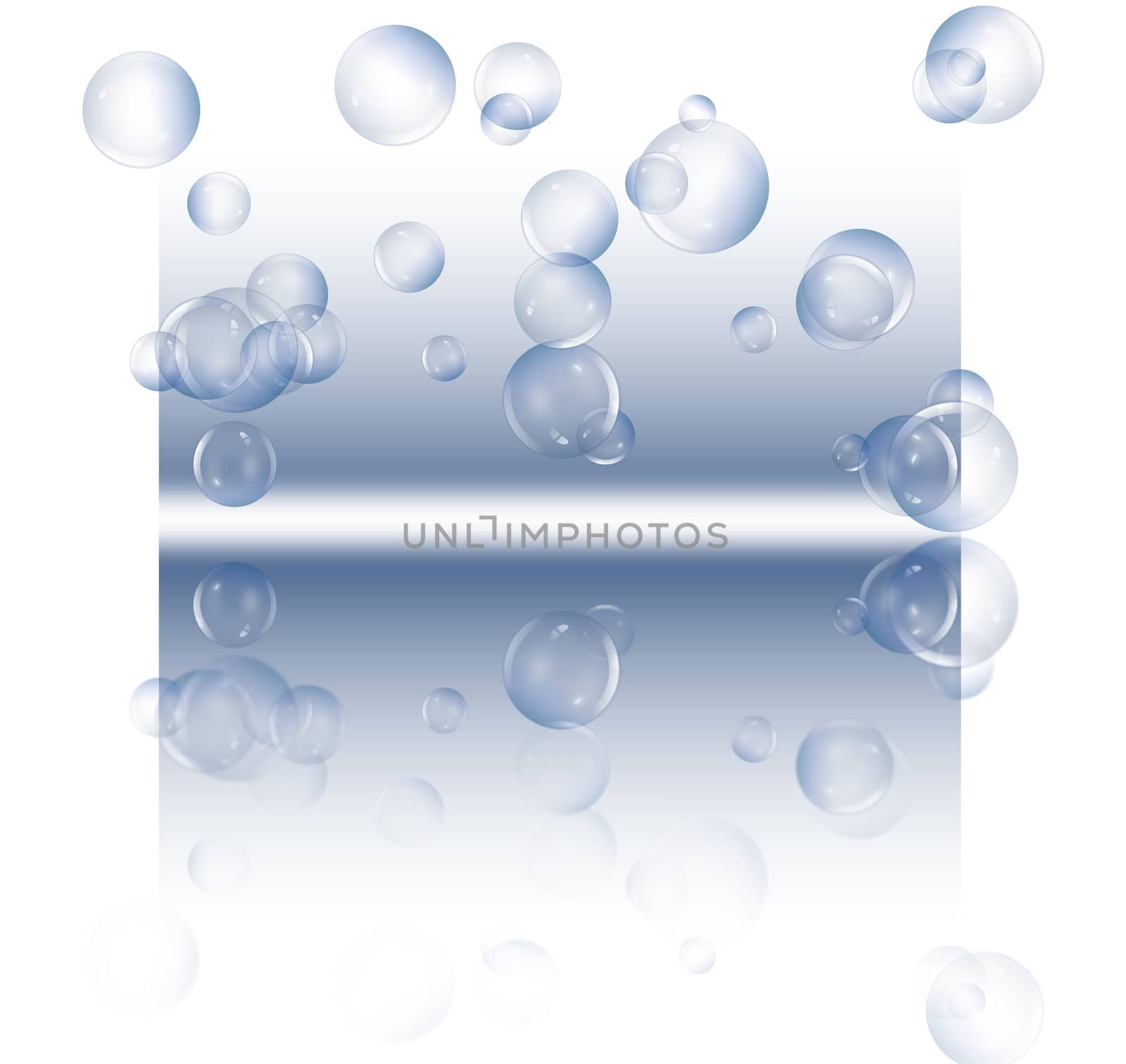 Illustration depicting a selection of clear bubbles floating against a blue and white background and reflecting into the foreground.