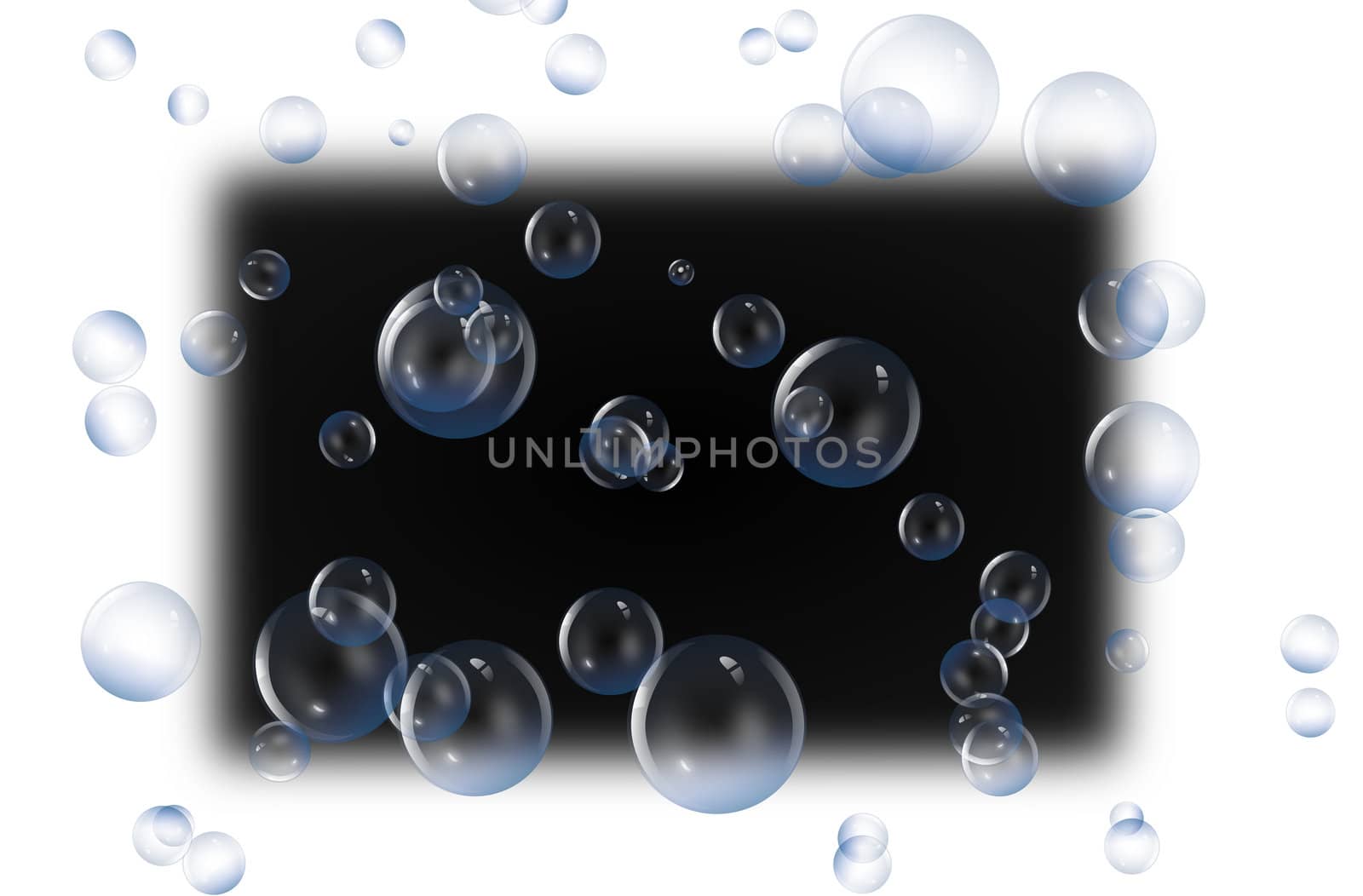 Illustration depicting a selection of clear bubbles against black blur rectangle.