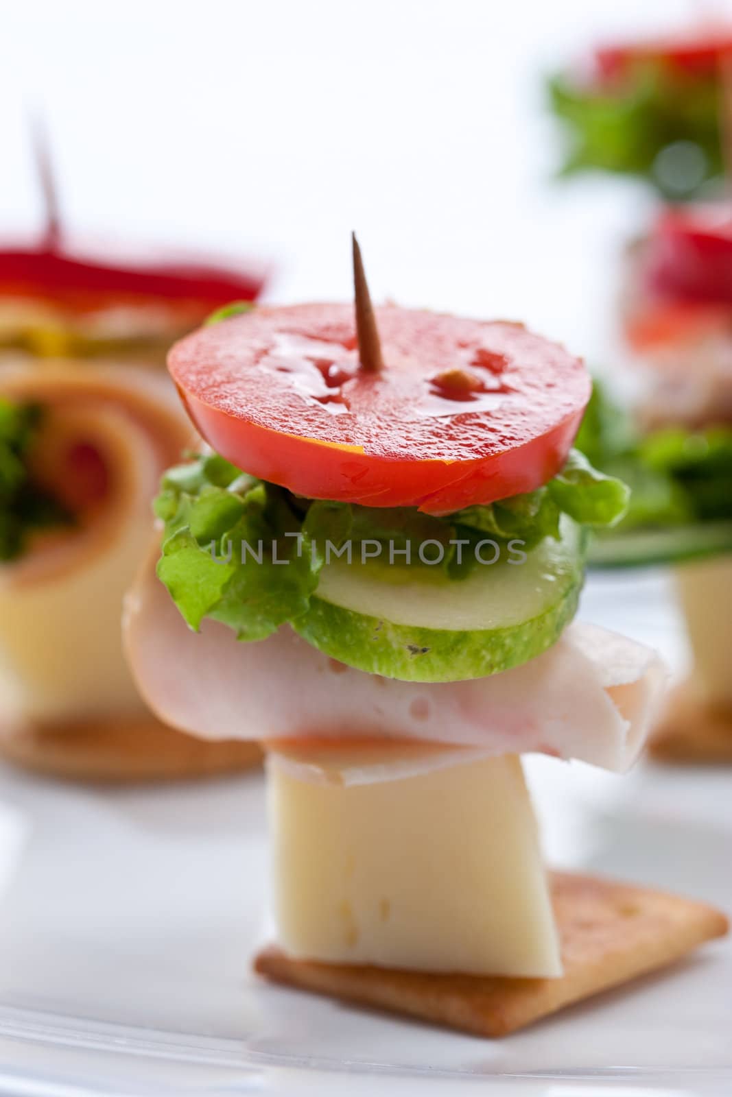 food theme: cracker with ham, cheese and vegetables on the plate