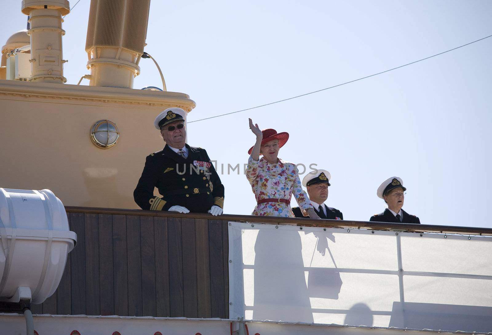 Nyborg, Denmark June 2: H M Queen Margrethe the 2nd of Denmark and her husband H R H Prince Henrik arriving on board the yach Dannebrog to open an exhibition at Nyborg Castle to celebrate the 350th anniversary of the the battle againt Sweden.