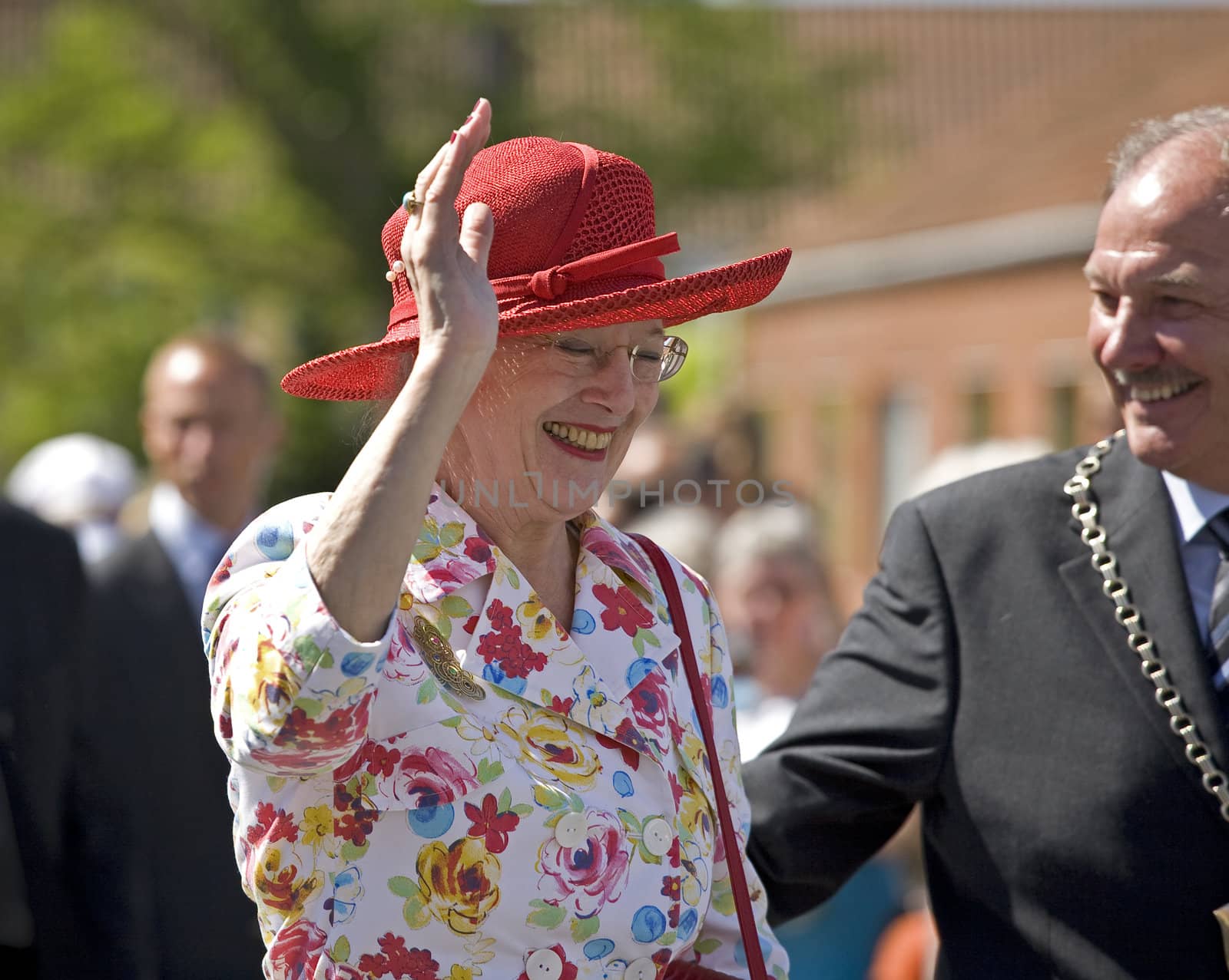 H M Queen Margrethe the 2nd of Denmark during her official visit to Nyborg,  Denmark on the 2nd of June 2009. Accompanied by lord mayor Joern Terndrup.