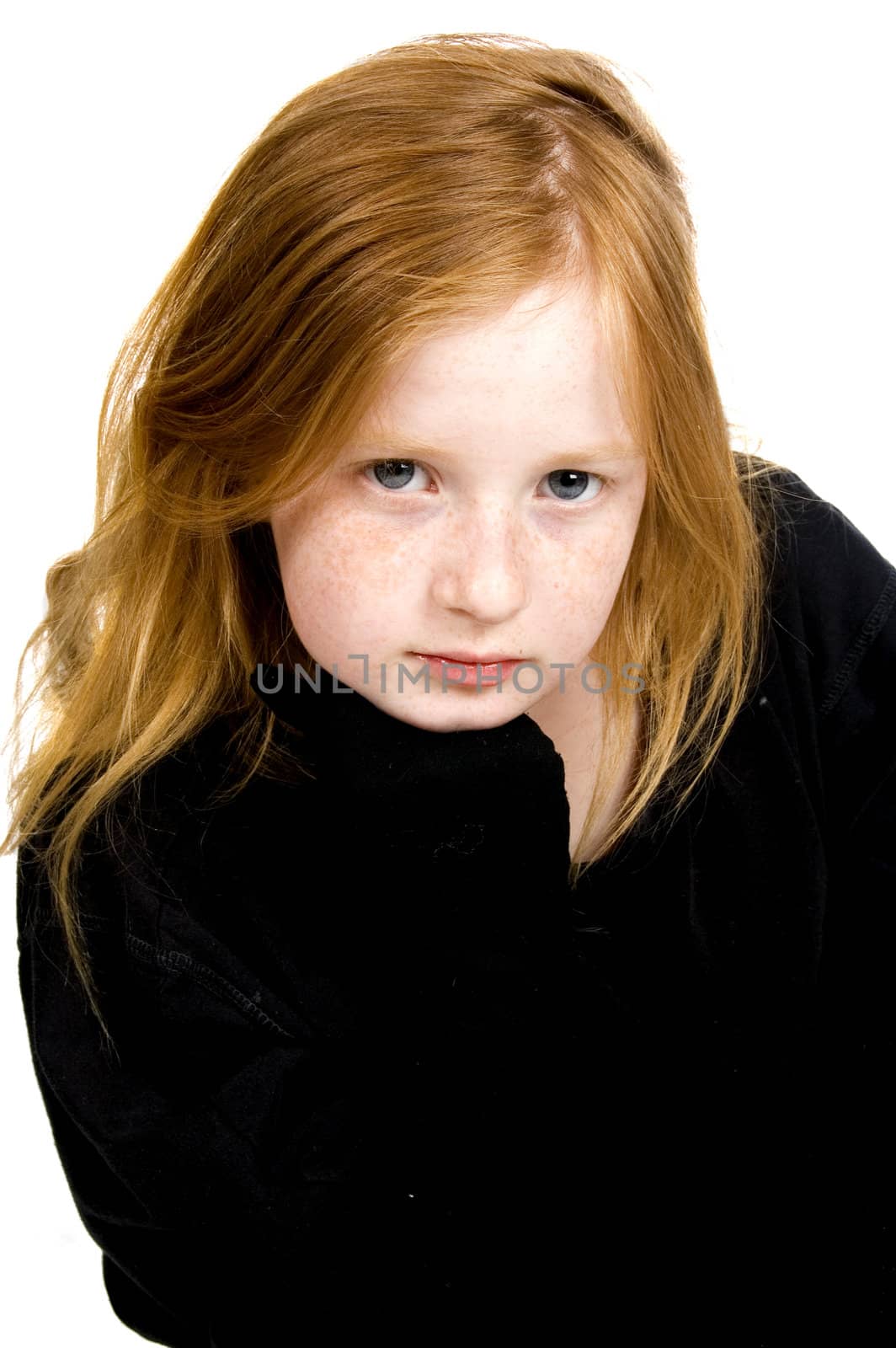 little girl with black glove is thinking