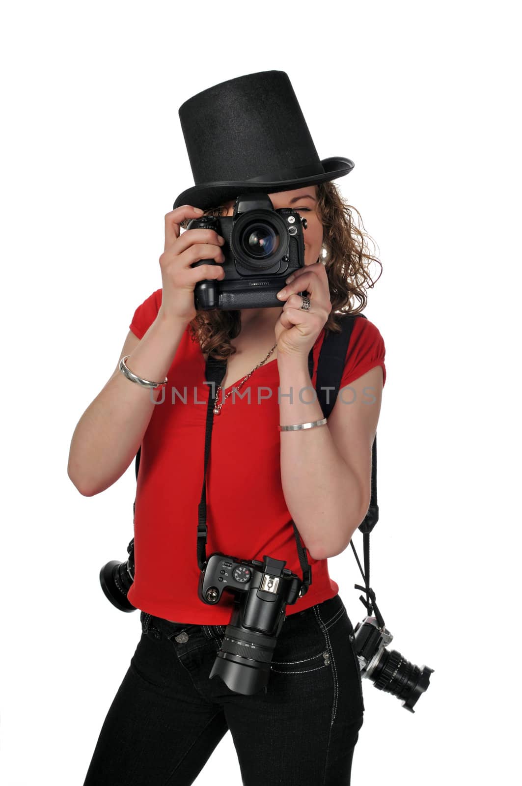 Happy young women shooting photographer, with cameras and bowl