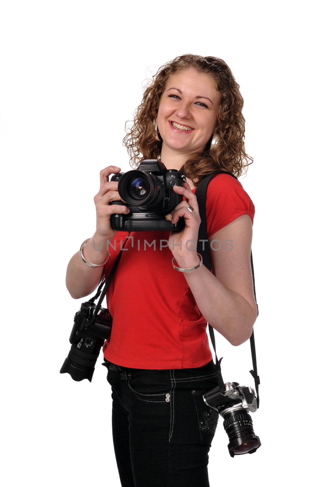 Smiley photographer, girl with camera, isolated white