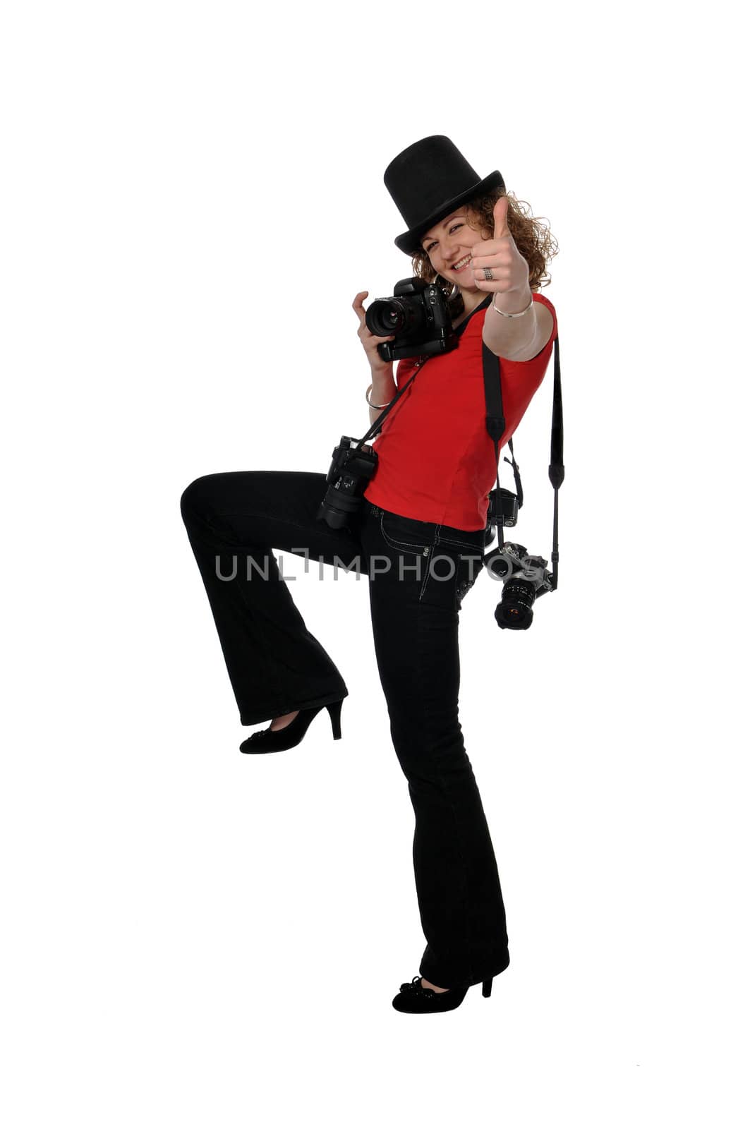 Smiley photographer, attractive girl with cameras, isolated white