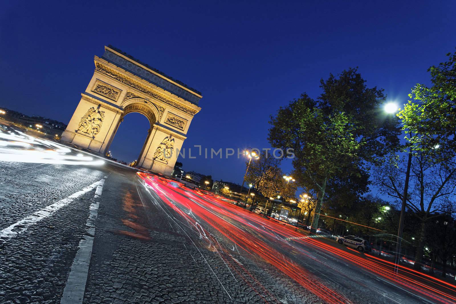 the "Arc de Triomphe" by night, Paris France 