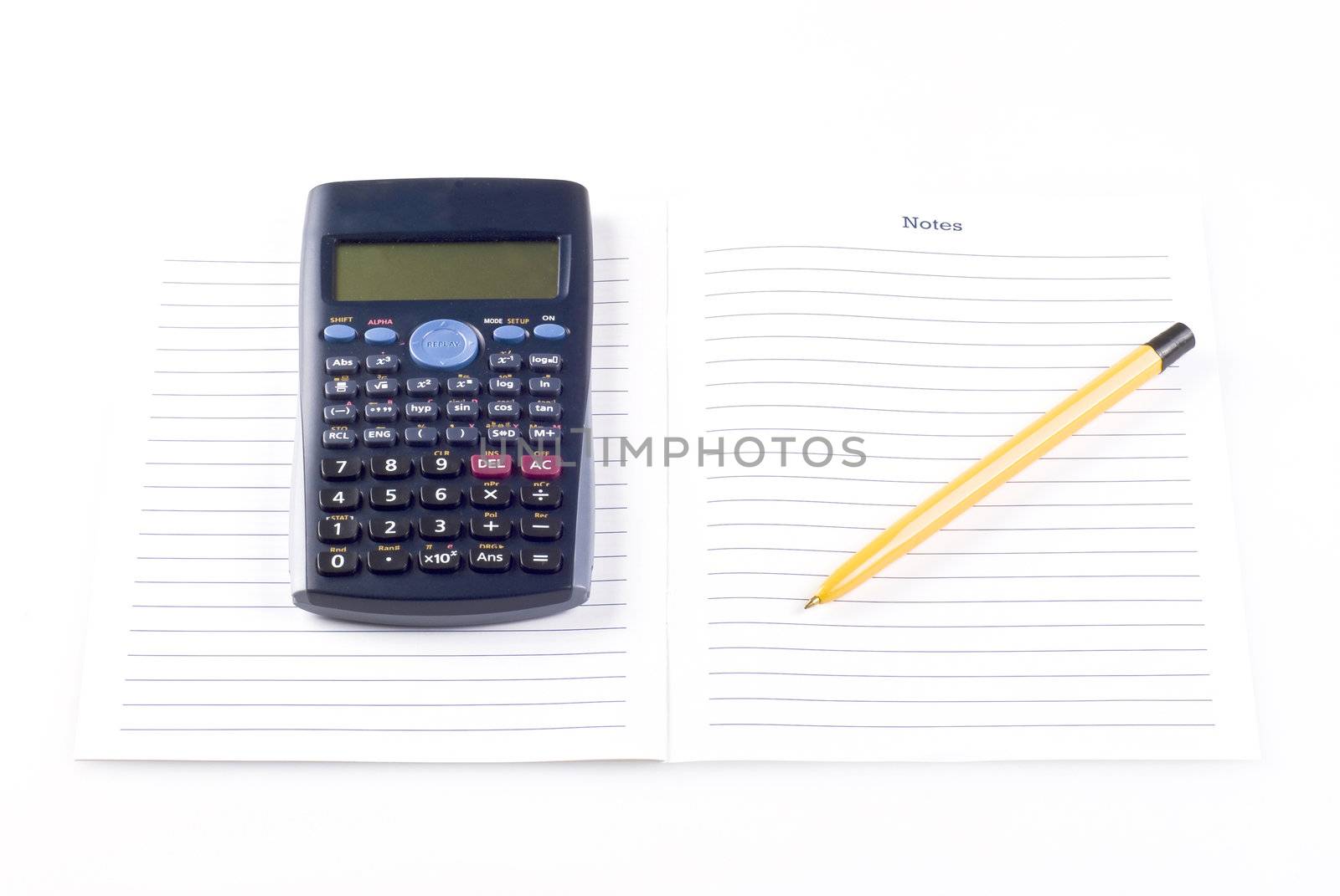 Calculator with notebook and pen