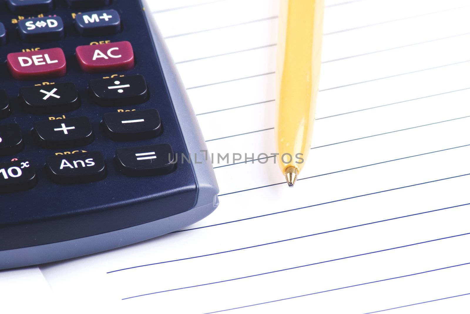 Calculator with notebook and pen