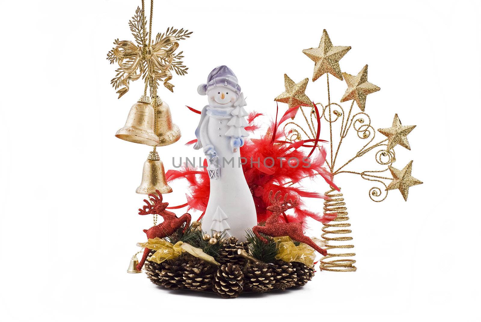 Christmas snowmans with golden bells and golden stars on the cones decoration 