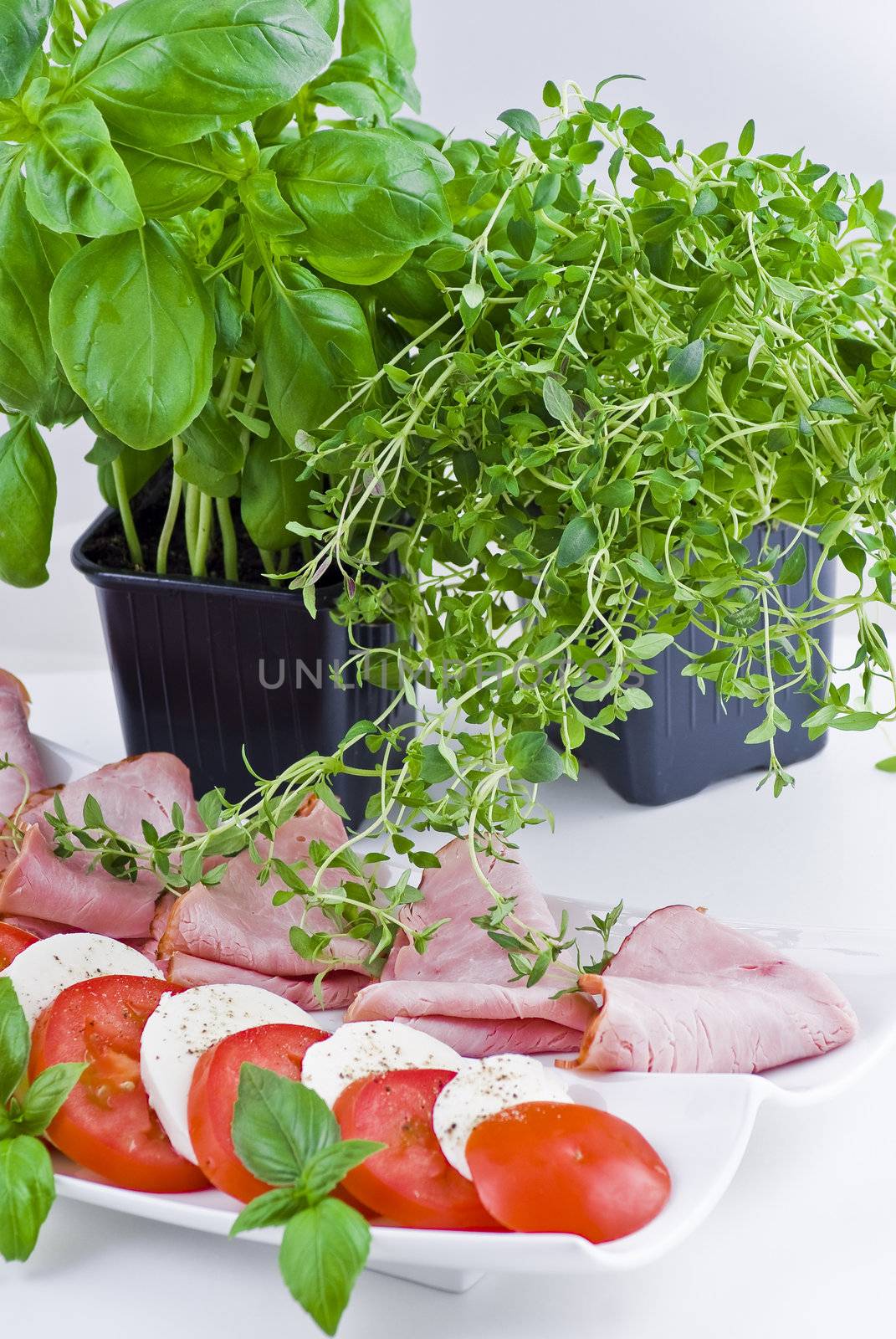 Plate of ham,tomato and mozzarella with thyme and basil