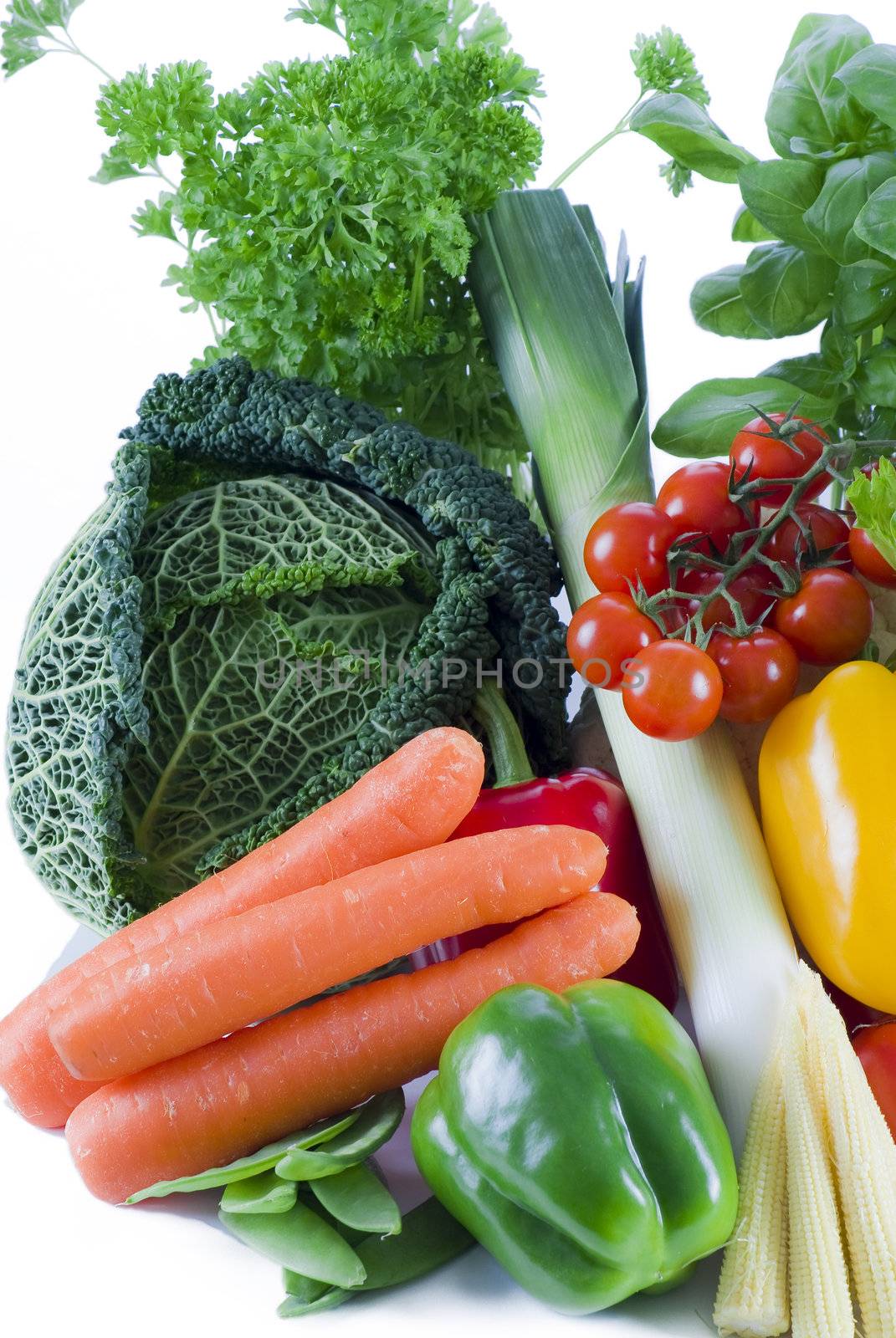 Fresh vegetables and herbs on the white background