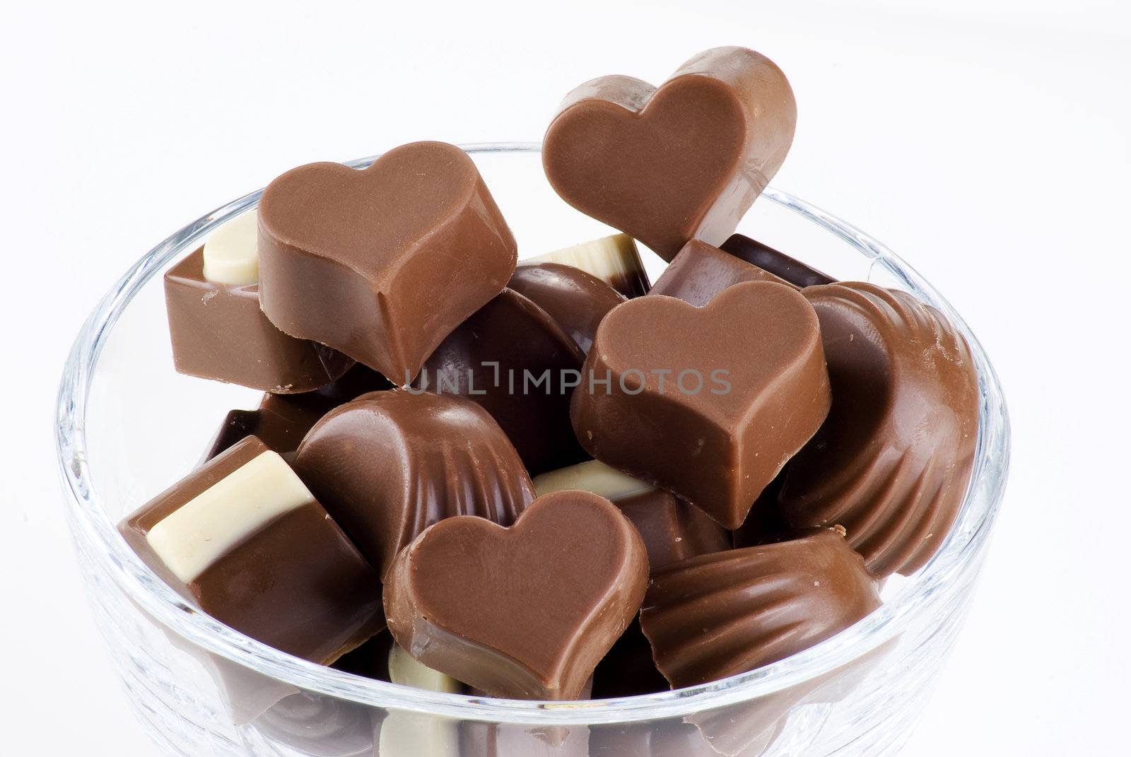 Glass bowl of assorted chocolates - close up