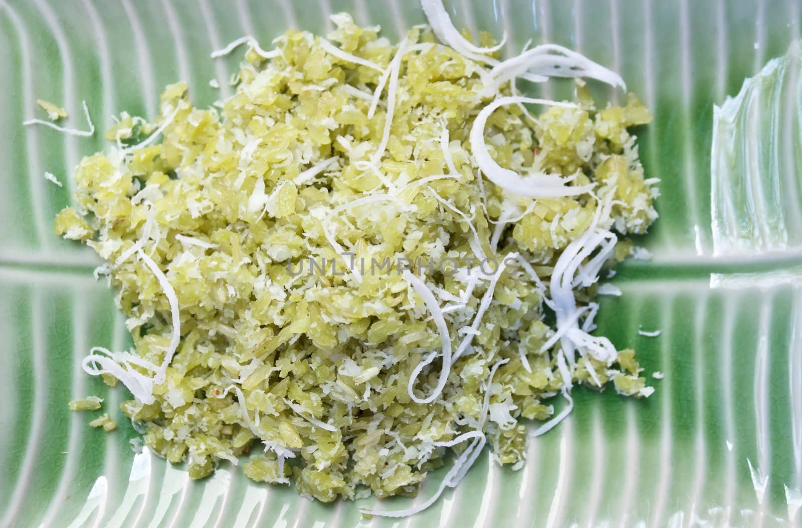 Pounded unripe rice mix with coconut and sugar, Thai dessert