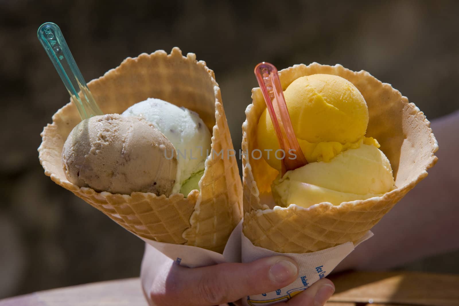 hand holding cones with ice cream