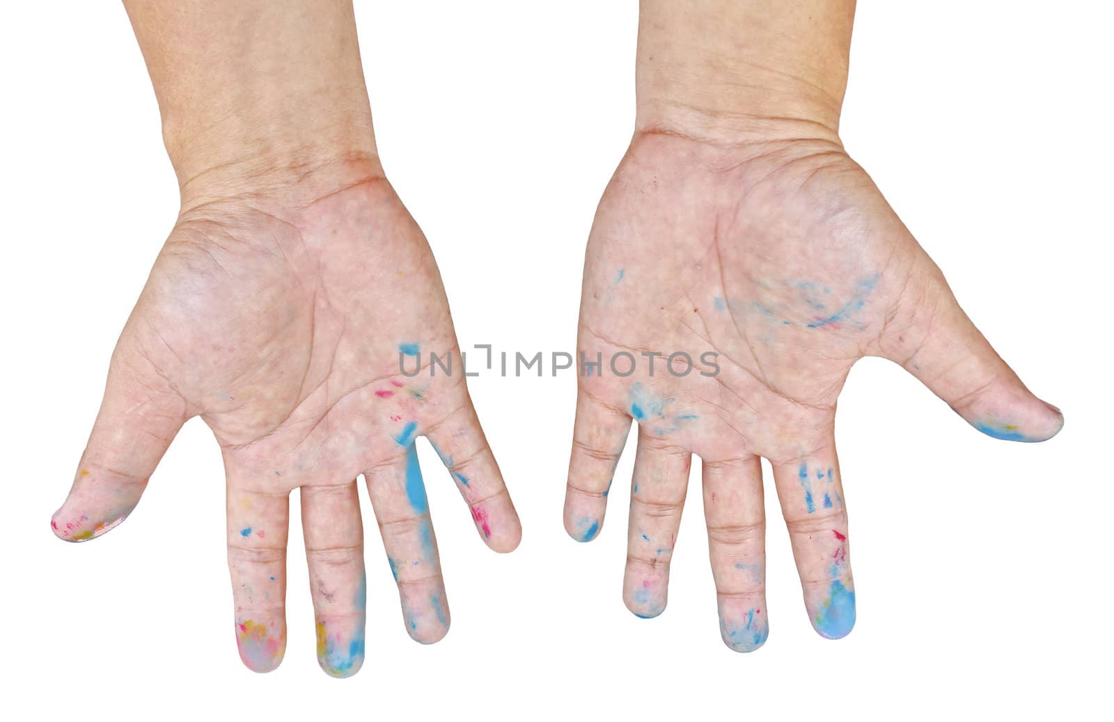 Male open the palm of the hands dirty with ink color