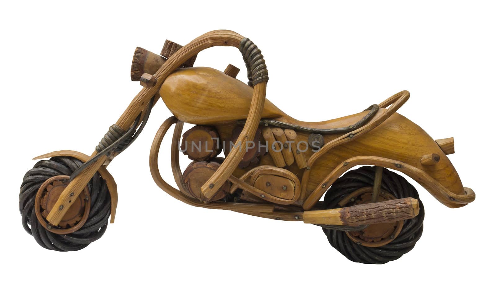 Wooden model of motorcycle, made of wood by skillfull homemade handyman.
